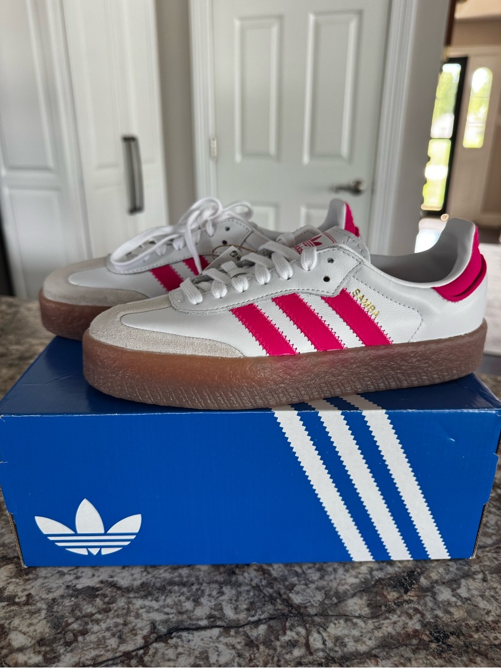 Adidas youth or women Samba Sneakers in White and Bright Pink with Gum Sole